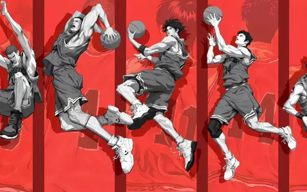 Slam Dunk players leaping for mid-air dunks across bold red panels — dynamic 4K Ultra HD PC desktop wallpaper and background.