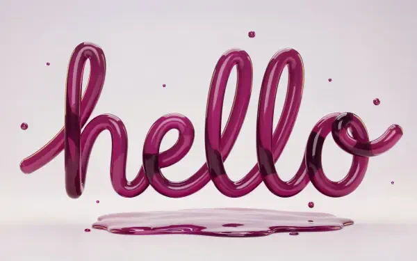 4K Ultra HD PC desktop wallpaper/background: glossy magenta 3D script spelling hello, floating over a soft white backdrop with small droplets and a faint reflection.