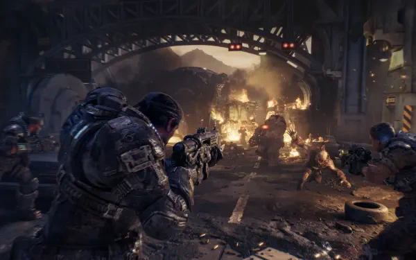 Gears of War: E-Day — armored soldier firing a gun amid explosions and wreckage in a ruined city street, 4K Ultra HD PC desktop wallpaper/background.