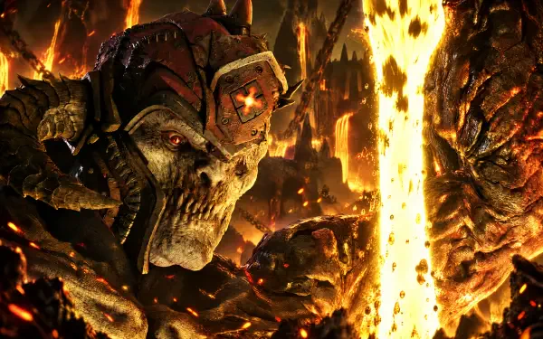 4K Ultra HD PC desktop wallpaper: Gears of War: E-Day locust demon — hulking armored monster amid molten ruins and a column of searing lava.