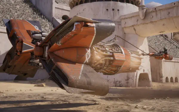 4K Ultra HD PC Desktop Wallpaper and Background showing a Star Wars: Galactic Racer orange spacecraft/vehicle hovering over a dusty desert courtyard framed by stone-built sci‑fi architecture.