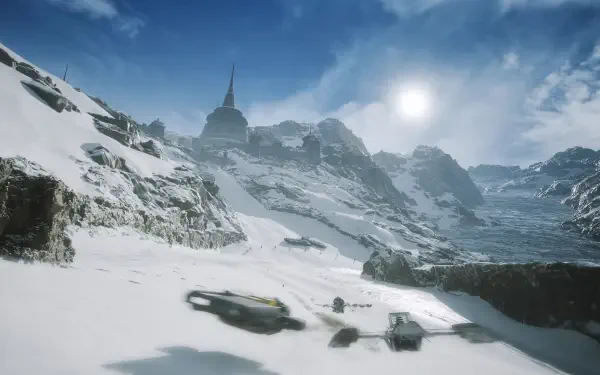 Star Wars: Galactic Racer 4K Ultra HD PC desktop wallpaper background — snowbound mountain and glacier landscape, bright sun and hover racers streaking across a frozen alpine valley.