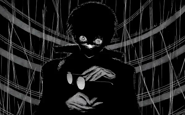 Tokyo Ghoul:re 4K Ultra HD PC desktop wallpaper — shadowed ghoul with glowing eyes holding glasses against a stark, web-like striped background.
