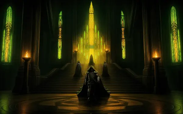 Avengers: Doomsday 4K Ultra HD PC desktop wallpaper featuring a lone figure before a glowing throne in a dark, emerald-lit hall.
