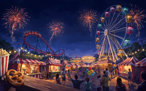 Colorful amusement park fair with a Ferris wheel, roller coaster, and fireworks lighting up the night, in a 4K Ultra HD PC desktop wallpaper.