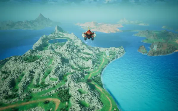 Final Fantasy Resonance HD PC desktop wallpaper featuring an airship above a mountainous island surrounded by a vivid blue ocean.