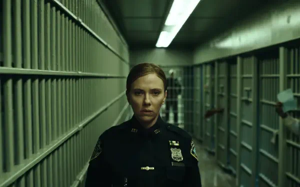Scarlett Johansson as a police officer in a dim hallway in The Exorcist: Martyrs, 2K Quad HD desktop wallpaper.