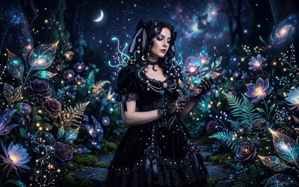 Dark coquette woman in a black dress surrounded by glowing flowers in a moonlit fantasy garden, 5K Ultra HD PC desktop wallpaper