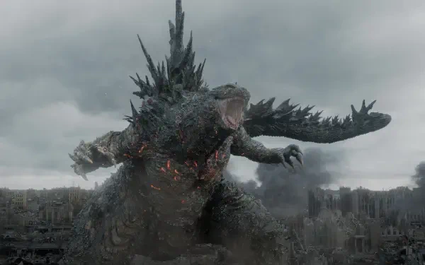 Godzilla Minus Zero towers over a ruined city beneath a stormy sky in this HD desktop wallpaper.