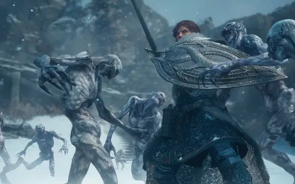 Dragon’s Dogma 2: Dark Arisen 4K Ultra HD PC wallpaper of a warrior battling monsters in a snowy landscape.