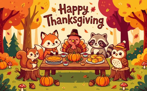 Cute Thanksgiving turkey feast with forest animals and “Happy Thanksgiving” text, in a 5K Ultra HD PC desktop wallpaper background.