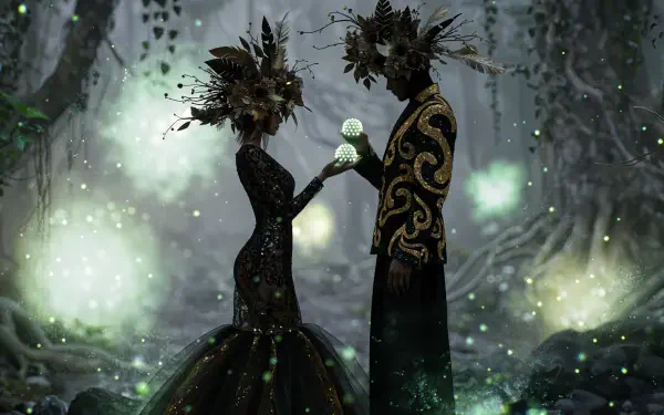 Halloween couple in ornate costumes holding a glowing orb in a misty forest, 4K Ultra HD PC desktop wallpaper and background.