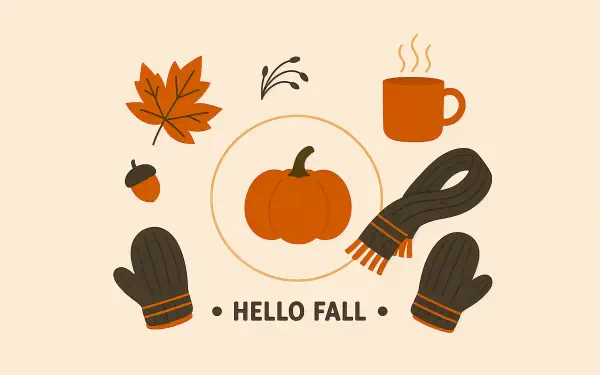 Hello Fall 4K Ultra HD PC desktop wallpaper with an illustrated pumpkin, autumn leaves, steaming mug, and cozy gloves on a warm cream background.