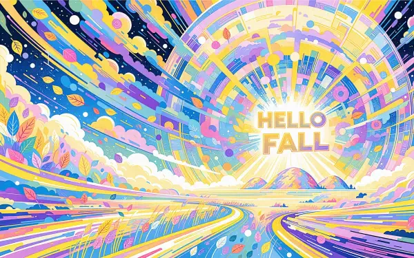 Colorful “Hello Fall” 4K Ultra HD PC desktop wallpaper featuring a radiant abstract autumn landscape and flowing multicolor paths.