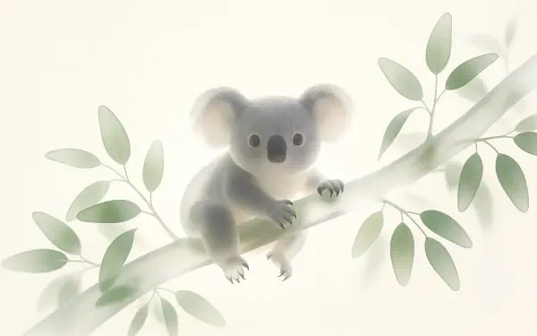 A soft watercolor koala resting among eucalyptus leaves, 4K Ultra HD PC desktop wallpaper and background.