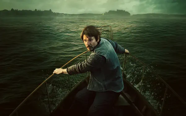 Below 2K Quad HD PC desktop wallpaper featuring a man rowing through dark waters beneath misty green mountains.