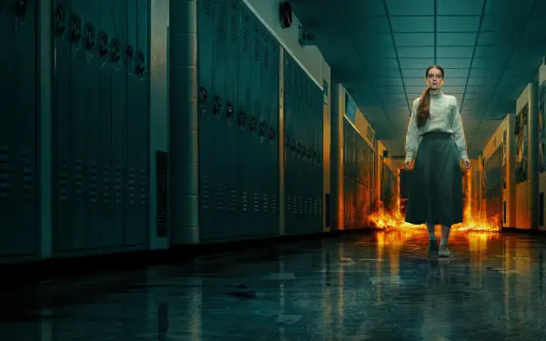Carrie (Prime Video) 4K Ultra HD PC desktop wallpaper showing a girl in a school hallway with flames blazing behind her.
