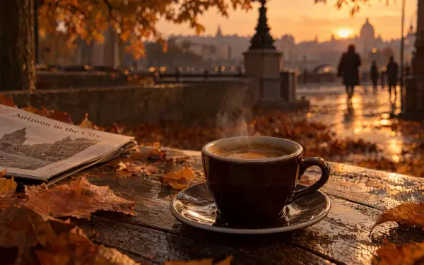Espresso beside an open book on an autumn park bench at sunset, 4K Ultra HD PC desktop wallpaper and background.