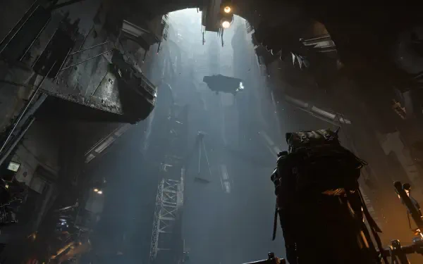 4K Ultra HD Star Citizen and Squadron 42 PC wallpaper of a shadowy industrial sci-fi factory lit by beams from above.