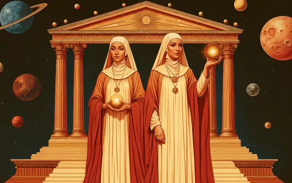 Two robed sisters stand before a classical temple among planets in a 4K Ultra HD PC desktop wallpaper and background.