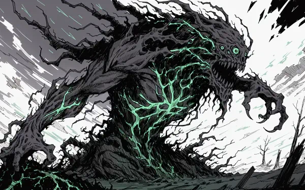 Black anime monster with glowing green veins lunging through a stormy forest, 4K Ultra HD PC desktop wallpaper.