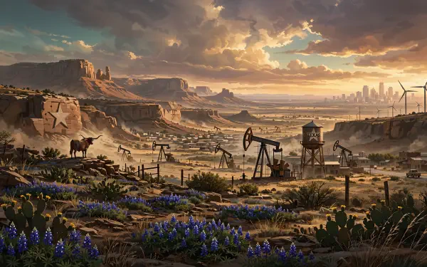 4K Ultra HD desktop wallpaper of oil pumps across a Texas desert landscape at sunset, with wildflowers, mesas, and a distant city skyline.