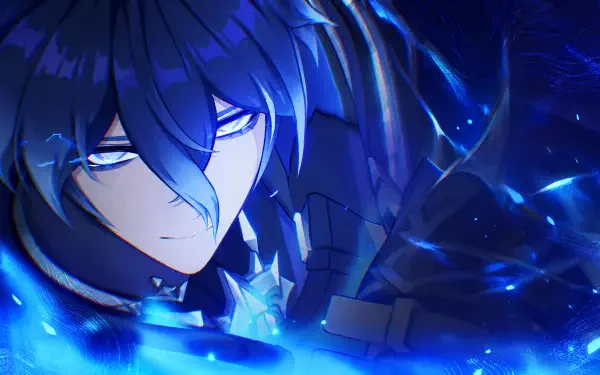Flins from Genshin Impact, a blue-haired anime boy in glowing blue light, featured in a 4K Ultra HD PC desktop wallpaper.