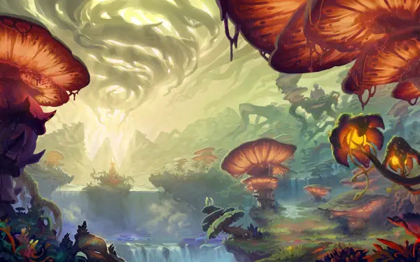 World of Warcraft: Midnight 5K Ultra HD desktop wallpaper featuring giant glowing mushrooms in a vivid fantasy landscape.