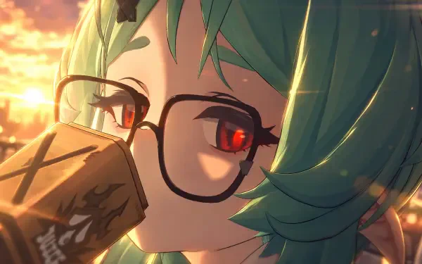 Roxy from Zenless Zone Zero in a close-up anime portrait with glasses and teal hair at sunset, 4K Ultra HD PC desktop wallpaper.