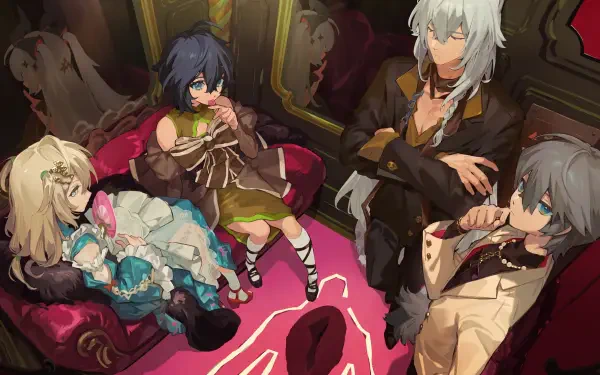 Zenless Zone Zero anime wallpaper featuring Phoenix, Severian, and friends relaxing in a richly decorated lounge, in 5K Ultra HD for PC desktops.