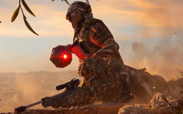 Helldivers 2 sci-fi soldier kneels in a dusty sunset landscape with a glowing red device and rifle, featured in a 5K Ultra HD PC desktop wallpaper.