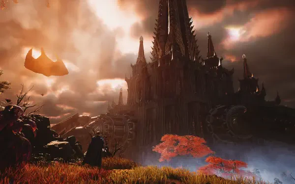Aion 2 HD PC desktop wallpaper featuring a towering dark castle above an autumn landscape beneath a glowing sunset sky.