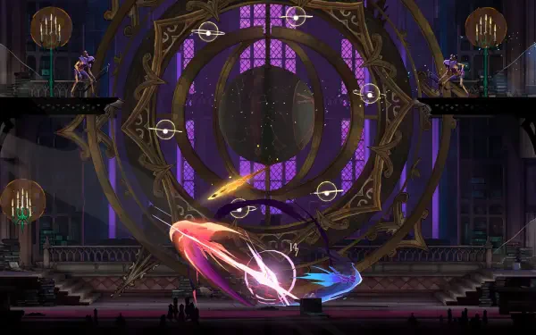 Castlevania: Belmont’s Curse HD desktop wallpaper featuring a glowing purple portal and combatants in a gothic hall.