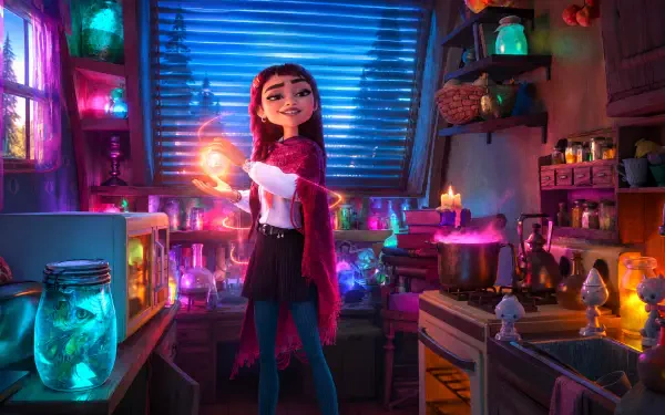 Hexed (2026) Disney girl casting glowing magic in a colorful potion room, 4K Ultra HD PC desktop wallpaper and background.