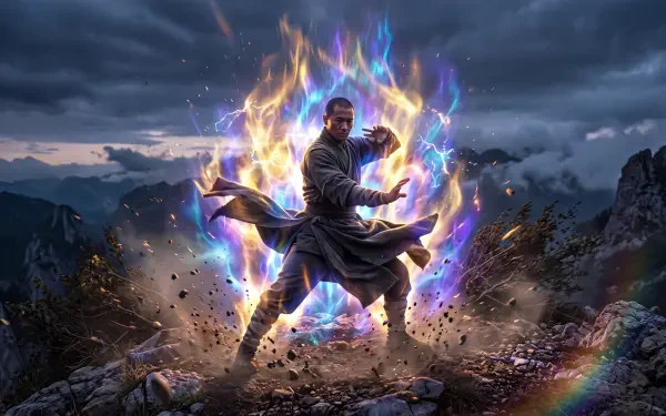 Martial artist surrounded by a blazing magical energy aura in a rocky mountain landscape, 5K Ultra HD PC desktop wallpaper.