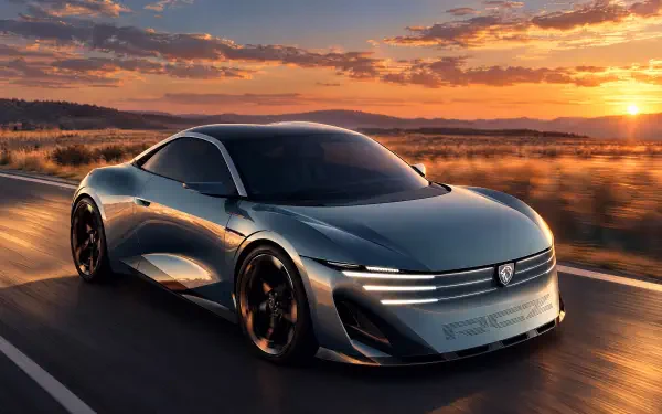 Peugeot RCZ Vision electric concept car at sunset, featured in a 4K Ultra HD desktop wallpaper background.