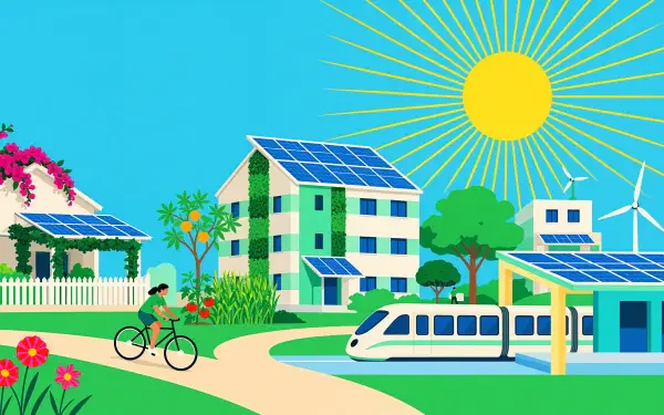 Solarpunk eco city with solar panels, wind turbines, green homes, and clean transit under a radiant sun, 4K Ultra HD desktop wallpaper.