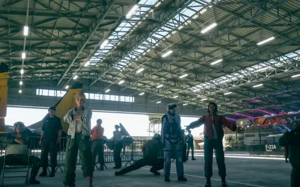Ace Combat 8 HD PC desktop wallpaper featuring pilots and crew in a vast industrial aircraft hangar.