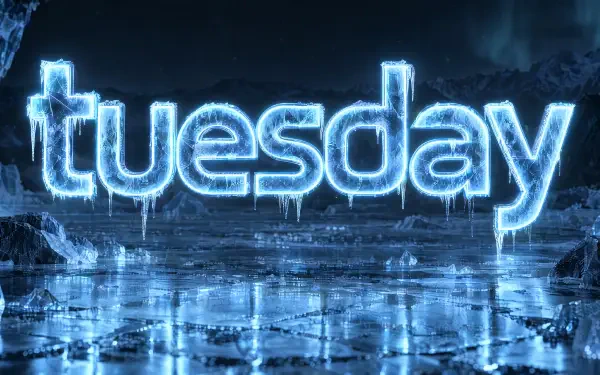 Glowing blue Tuesday neon sign over an icy reflective landscape, 4K Ultra HD PC desktop wallpaper and background.