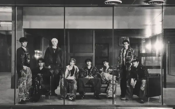 ATEEZ Golden Hour group portrait in black and white, a 4K Ultra HD PC desktop wallpaper featuring all eight band members.