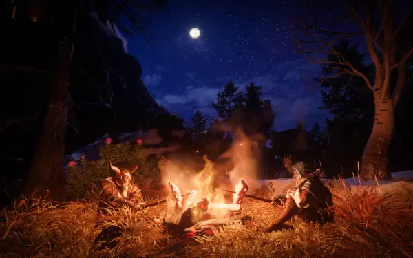Enshrouded fantasy HD desktop wallpaper of a campfire glowing beneath the moon on a quiet night