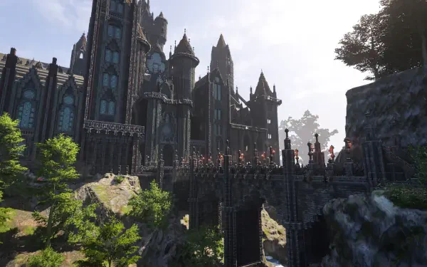 Enshrouded fantasy castle with towering gothic architecture, HD PC desktop wallpaper and background.