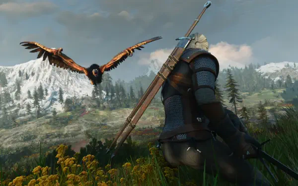 Geralt of Rivia watches an eagle soar over snowy mountains in The Witcher 3: Wild Hunt HD PC desktop wallpaper.