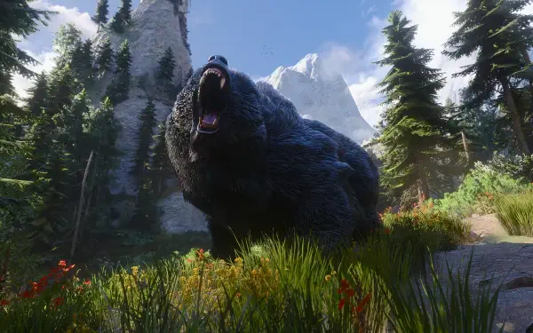 Geralt of Rivia faces a towering bear in a mountain forest in The Witcher 3: Wild Hunt HD PC desktop wallpaper.