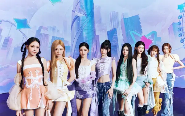 Hearts2Hearts girl band in colorful fashion poses against a futuristic Arena of Valor backdrop, 2K Quad HD desktop wallpaper