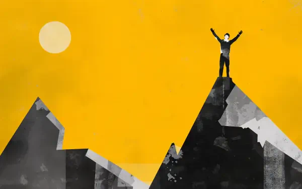 Hopeful person celebrating atop a mountain beneath a bright sun, 4K Ultra HD PC desktop wallpaper and background.
