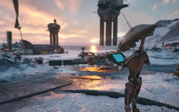 Star Wars: Galactic Racer HD PC desktop wallpaper featuring a futuristic droid at a snowy sci-fi outpost at sunset.