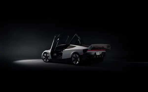 Tesla electric sports car with doors open in a dark studio, 2K Quad HD desktop wallpaper