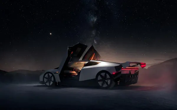 Tesla Roadster futuristic electric car on a dark night road, 2K Quad HD desktop wallpaper