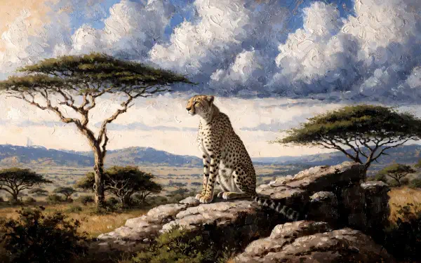Cheetah perched on a rocky outcrop in a vast savanna beneath dramatic clouds, 4K Ultra HD desktop wallpaper
